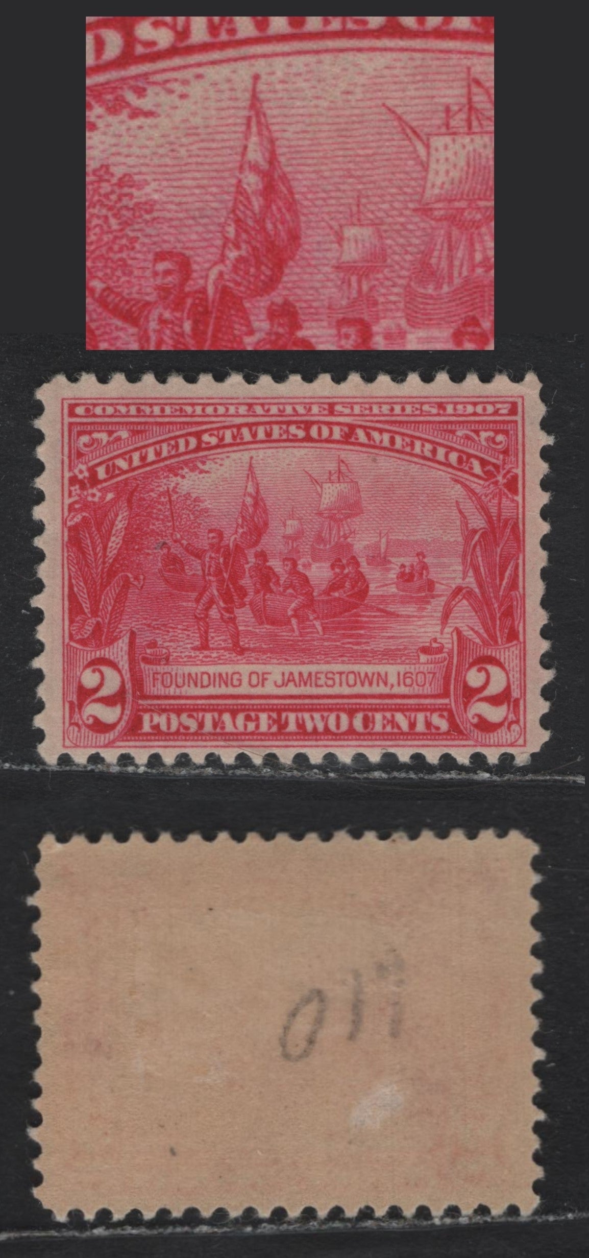 Lot 200 United States SC#329var 2c Carmine Rose , 1907 Jamestown Exposition Issue, A VFOG Single, Reversed Wmk