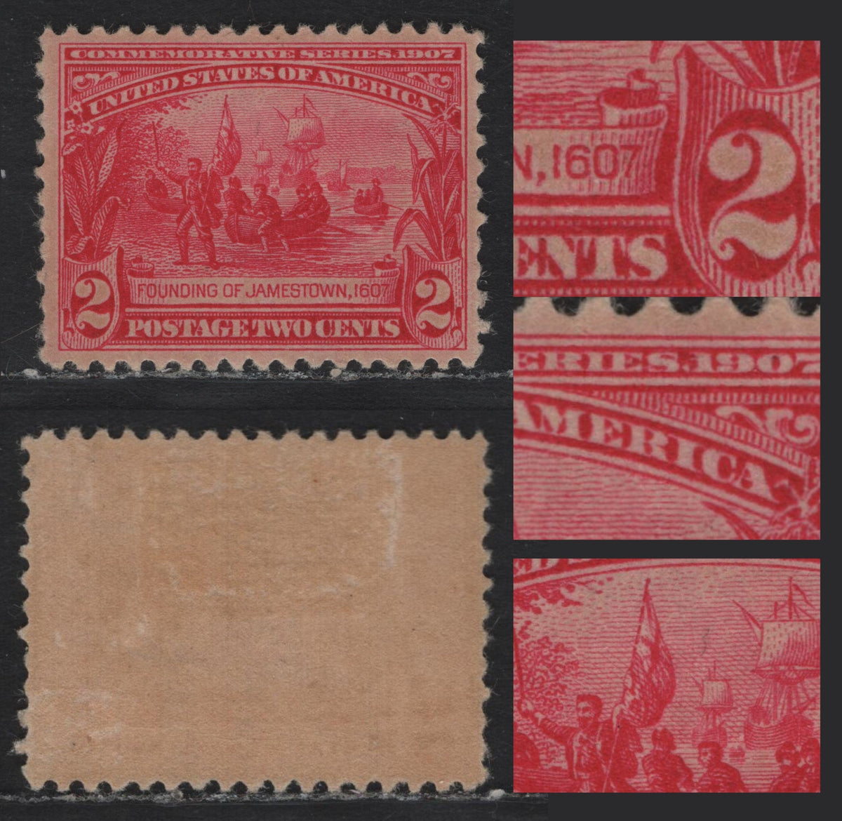 Lot 201 United States SC#329var 2c Deep Carmine Rose , 1907 Jamestown Exposition Issue, A VFOG Single, Reversed Wmk, Showing Three Breaks In The Flag Pole & A Double Transfer, Showing Doubling Of The Shading Line Above RI & Shading Lines Through 1607.