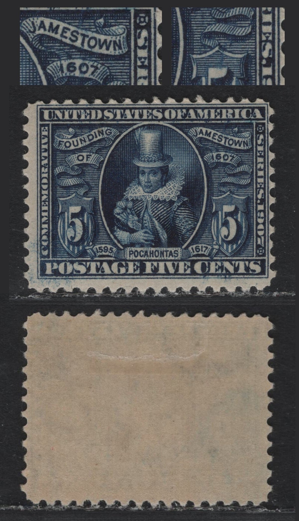 Lot 205 United States SC#330 5c Blue , 1907 Jamestown Exposition Issue, A FOG Single, Showing A Diagonal Scratch Above The Right '5' And A Diagonal Scratch Through The 6 of 1607