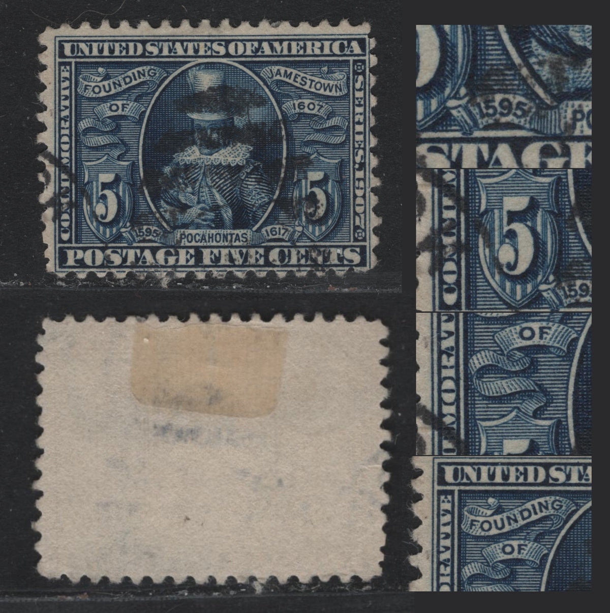 Lot 211 United States SC#330var 5c Dark Blue , 1907 Jamestown Exposition Issue, A Fine Used Single, Inverted & Reversed, Double Transfer Affecting The Shading Around 1595, the Vertical Lines In Left Value Tablet & Most Of The Shading In Left Ribbon