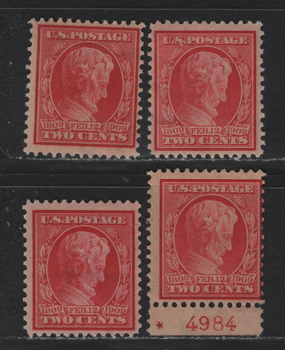 Lot 212 United States SC#367 2c Carmine - Deep Carmine , 1909 Lincoln Birth Centenary Issue, 4 FOG/NH Singles, All Four Watermark Orientations, Plus Plate 4984 Star Single On Reversed Wmk, Both Reversed & Inverted/Reversed Are NH.