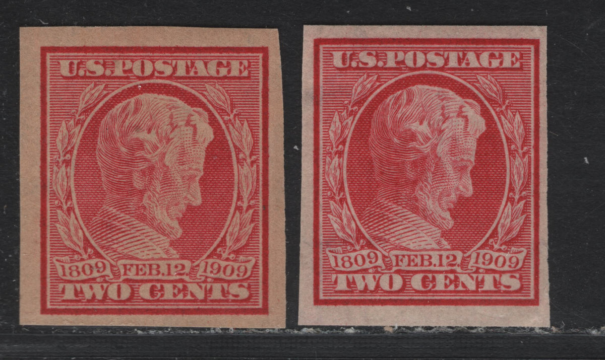 Lot 216 United States SC#368 2c Carmine , 1909 Lincoln Birth Centenary Issue, 2 VFNH Imperf Singles, Two Shades, Reversed Wmk