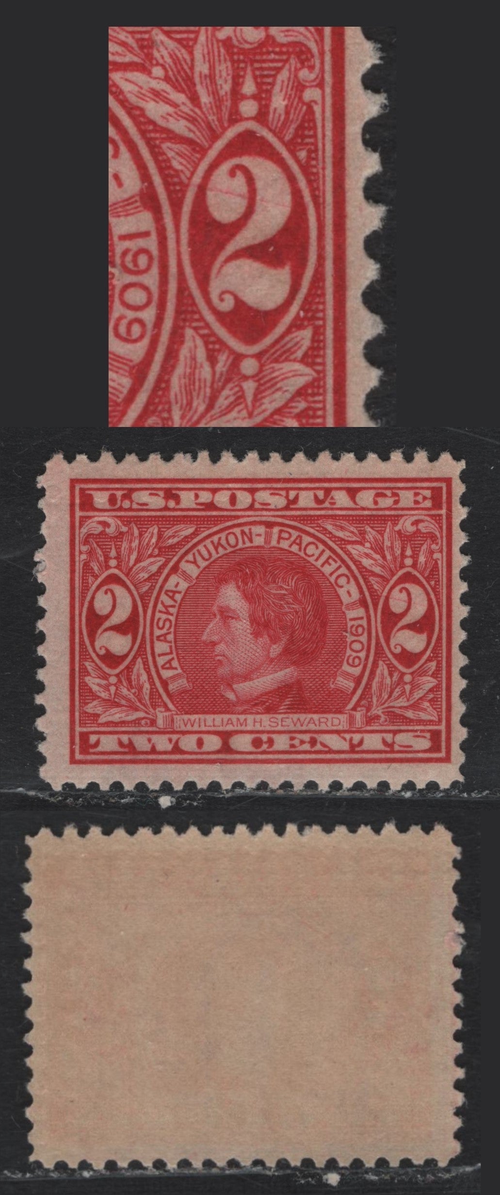 Lot 223 United States SC#370var 2c Carmine , 1909 Alaska Yukon Pacific Exposition Issue, A FNH Single, Inverted Wmk, Showing Diagonal Plate Scratch Across The Right 2