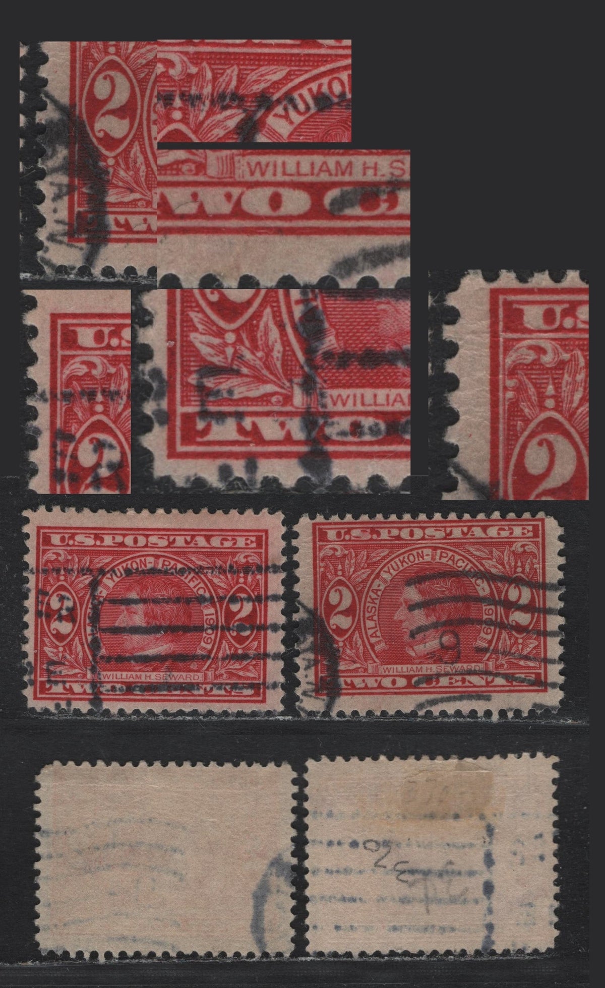 Lot 224 United States SC#370var 2c Carmine , 1909 Alaska Yukon Pacific Exposition Issue, A Fine Used Single, Upright Wmk, Left Side Multi Point Double Transfer