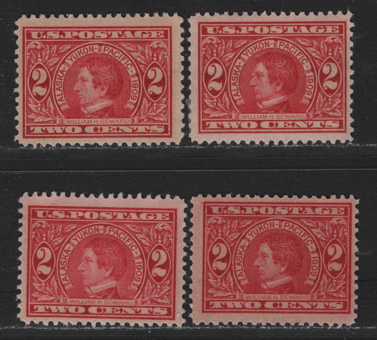Lot 227 United States SC#370 2c Carmine , 1909 Alaska Yukon Pacific Exposition Issue, 4 FOG Singles, All 4 Watermark Positions (Normal, Reversed, Inverted & Inverted & Reversed)
