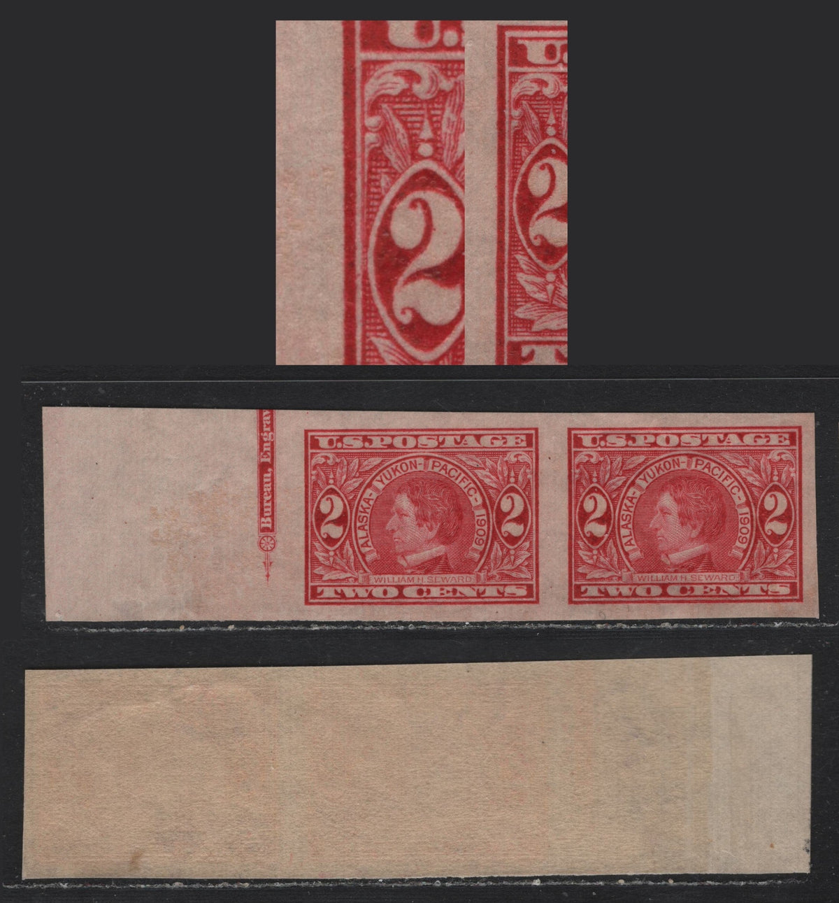 Lot 233 United States SC#371var 2c Carmine , 1909 Alaska Yukon Pacific Exposition Issue, A VFNH Single, Upright Wmk, Partial Imprint Pair With Double Transfer Pair Affecting Both Stamps, The Inner Frameline At Left Is Doubled.