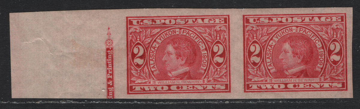 Lot 234 United States SC#371var 2c Carmine , 1909 Alaska Yukon Pacific Exposition Issue, A VFOG Single, Upright Wmk, Partial Imprint Pair With Double Transfer Pair Affecting Both Stamps, The Inner Frameline At Left Is Doubled.