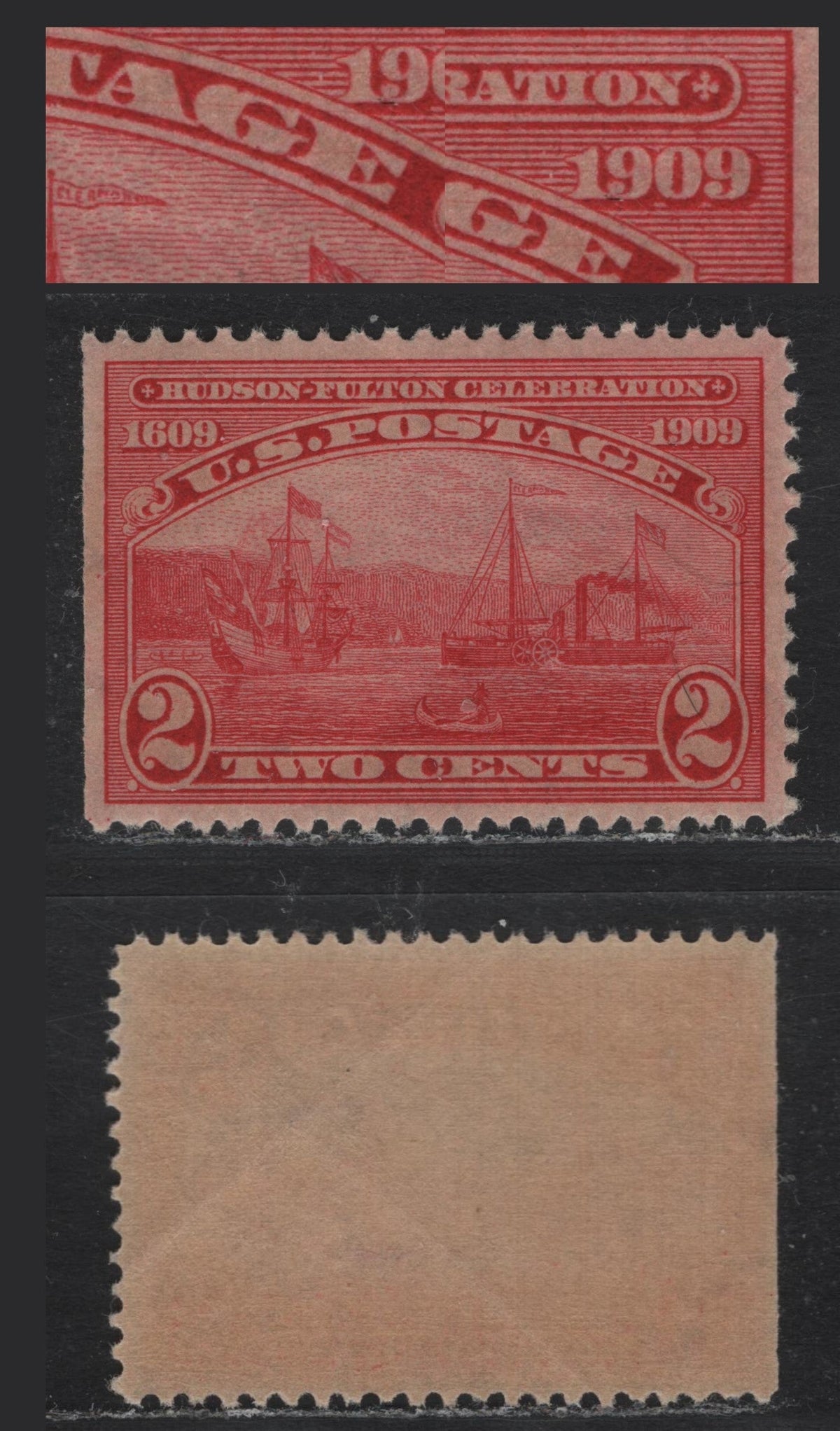 Lot 243 United States SC#372var 2c Carmine , 1909 Hudson-Fulton Celebration Issue, A VFNH Single, Inverted Wmk, Ribbed Effect Paper, Showing Fine Hairlines IN 909 of 1909 and Age of Postage.