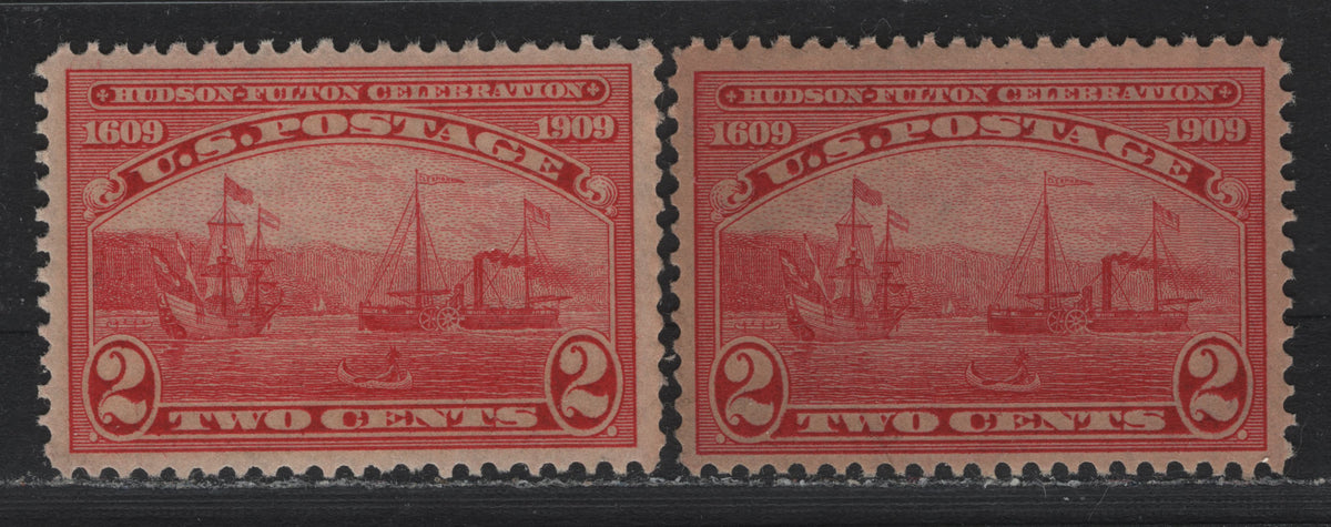 Lot 246 United States SC#372 2c Carmine , 1909 Hudson-Fulton Celebration Issue, 2 VFNH Singles, Inverted & Reversed Wmks, Two Shades