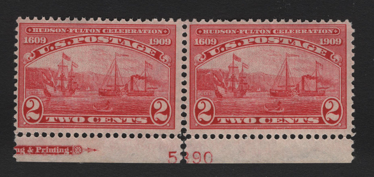 Lot 248 United States SC#372 2c Carmine , 1909 Hudson-Fulton Celebration Issue, A FNH/OG Bottom Sheet Margin Pair, Plate 5890, Inverted & Reversed Wmk, Partial Imprint , Hinged On Selvedge, But NH On Stamps.