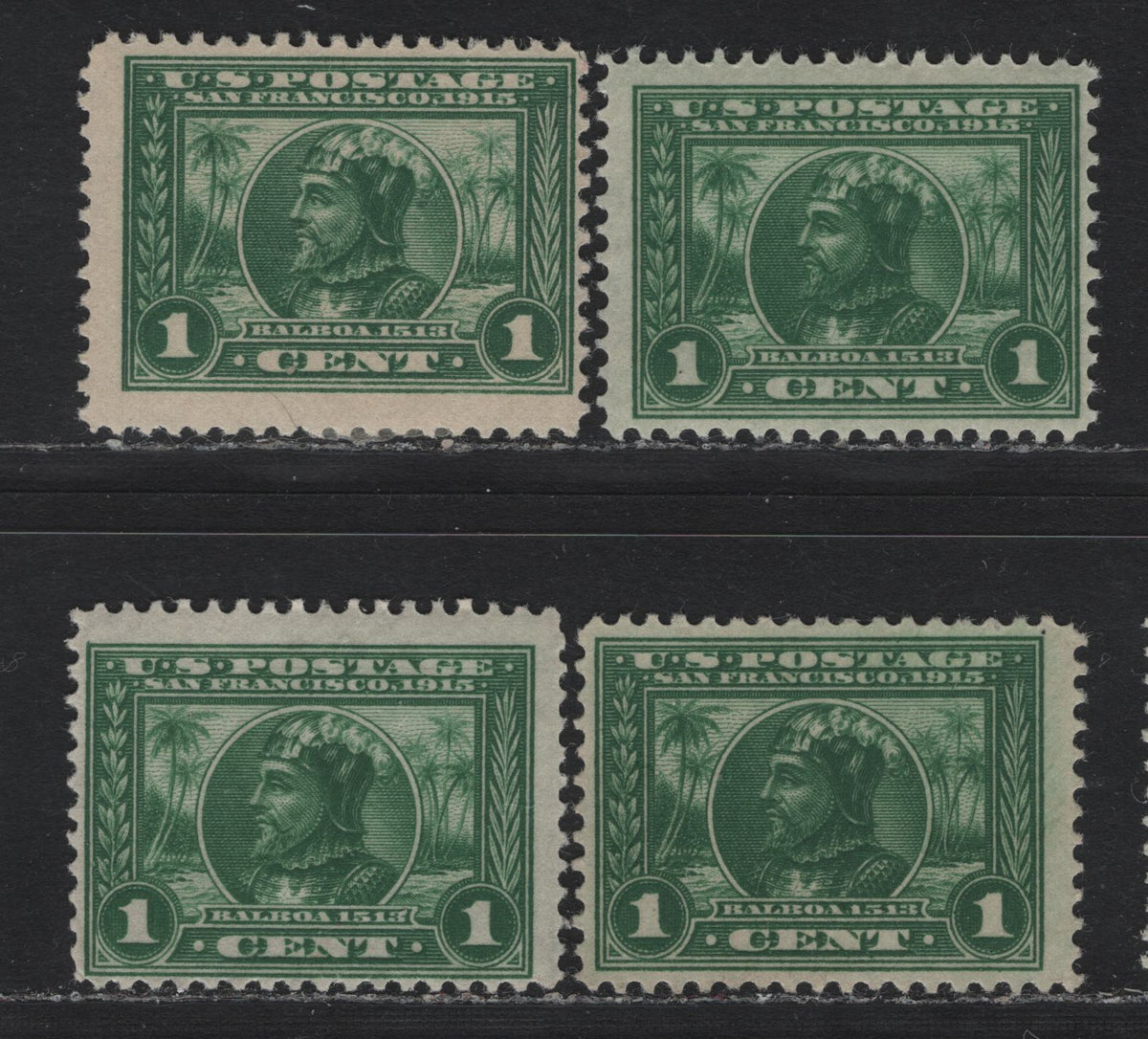 Lot 256 United States SC#397 1c Green , 1913 Panama Pacific Issue, 4 FOG Singles, All Watermark Positions, Upright, Inverted, Reversed and Inverted & Reversed