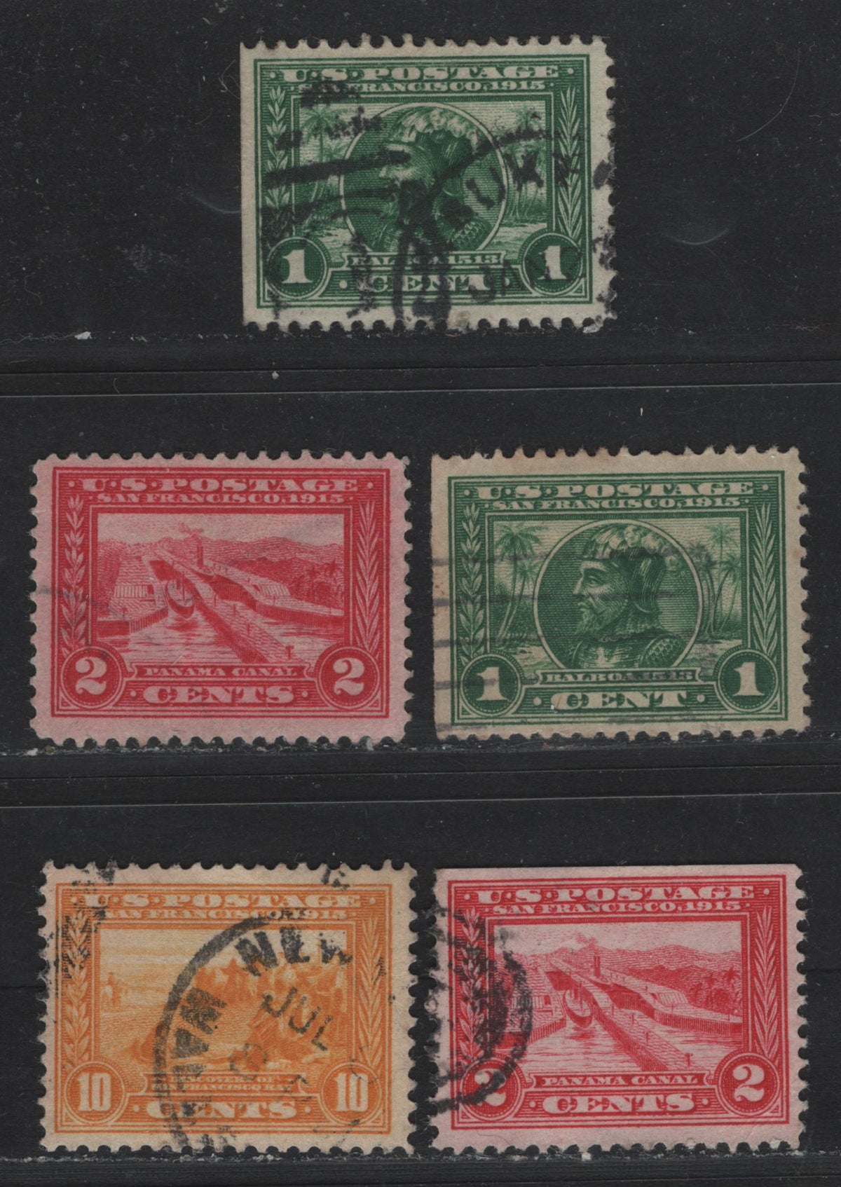 Lot 272 United States SC#397-398, 400 1c- 10c Green - Yellow Orange , 1913 Panama Pacific Issue, 5 Very Fine Used Singles, Different Watermark Orientations As Follows, 1c and 2c - Upright & Inverted, 10c Upright.