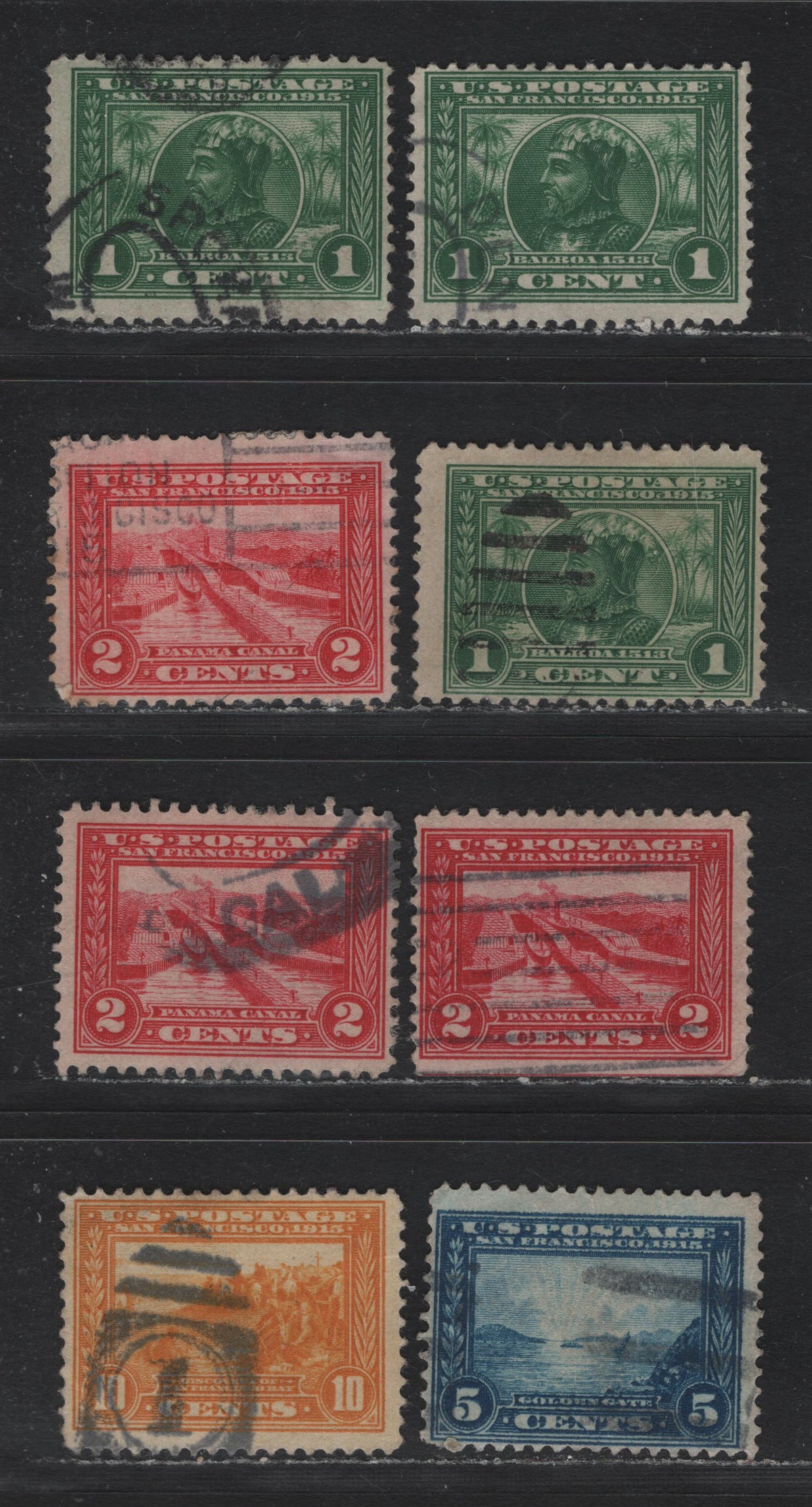 Lot 273 United States SC#397-400 1c - 10c Green - Yellow Orange , 1913 Panama Pacific Issue, 8 Fine Used Singles, Different Watermark Orientations As Follows, 1c & 2c- Upright, Inverted, Inverted & Reversed, 5c & 10c Upright