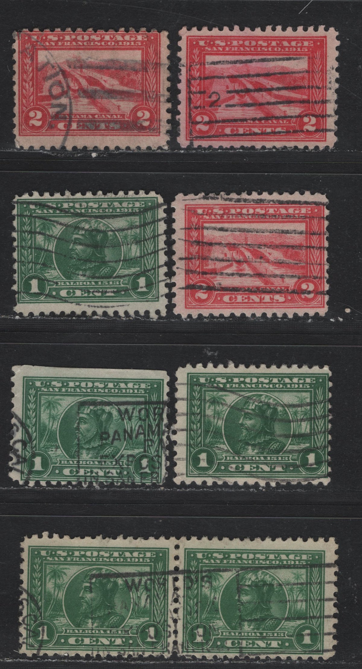 Lot 275 United States SC#401-402 1c - 2c Green - Carmine Rose , 1914-1915 Panama Pacific Issue, 7 Fine Used Singles, Upright, Reversed & Inverted & Reversed, 2c Upright, Inverted & Reversed Wmks, Small Corner Crease On 2c Reversed Wmk.