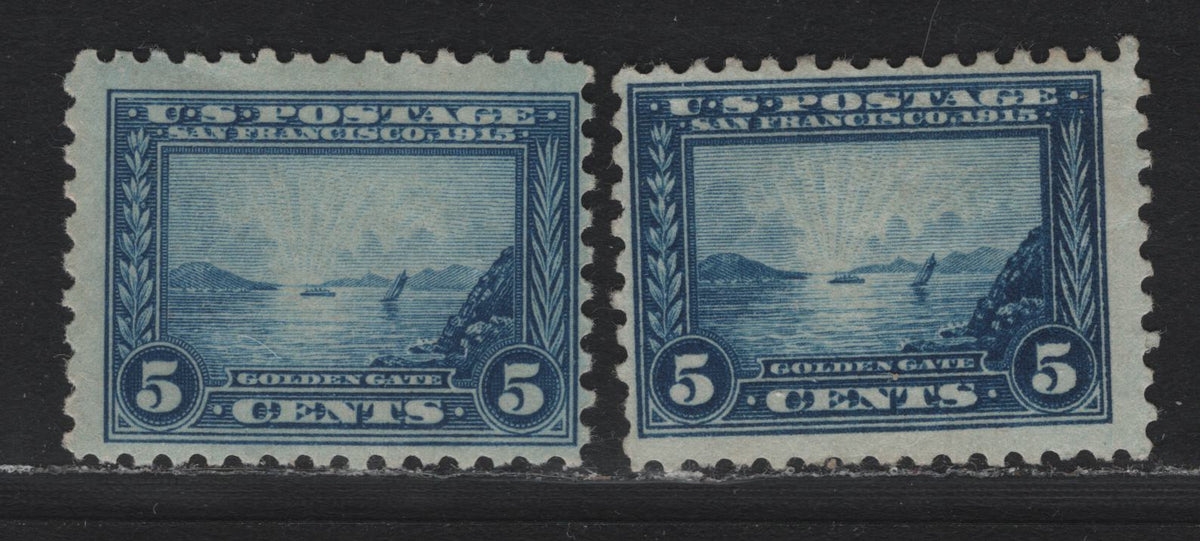 Lot 277 United States SC#403 5c Blue - Deep Blue , 1914-1915 Panama Pacific Issue, 2 VG/FOG Singles, Upright Wmk, Slight Horizontal Crease At Top Of Darker Shade