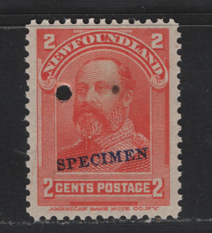 Lot 285 Newfoundland (C)SC#82s 2c Vermillion , 1897-1901 Royal Family, A FNH Single, ABNN-H Paper, Small Serifed Specimen Overprint & 2mm Security Punch, Large Natural Paper Inclusion On King's Temple.