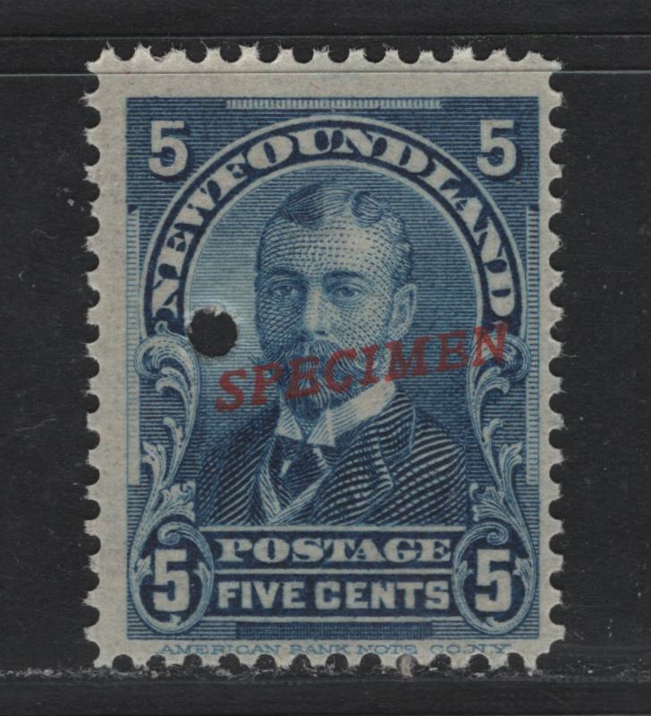 Lot 286 Newfoundland (C)SC#83 5c Blue , 1897-1901 Royal Family, A FNH Single, ABNN-H Paper, Red Serifed Speciment Overprint & 2mm Security Punch