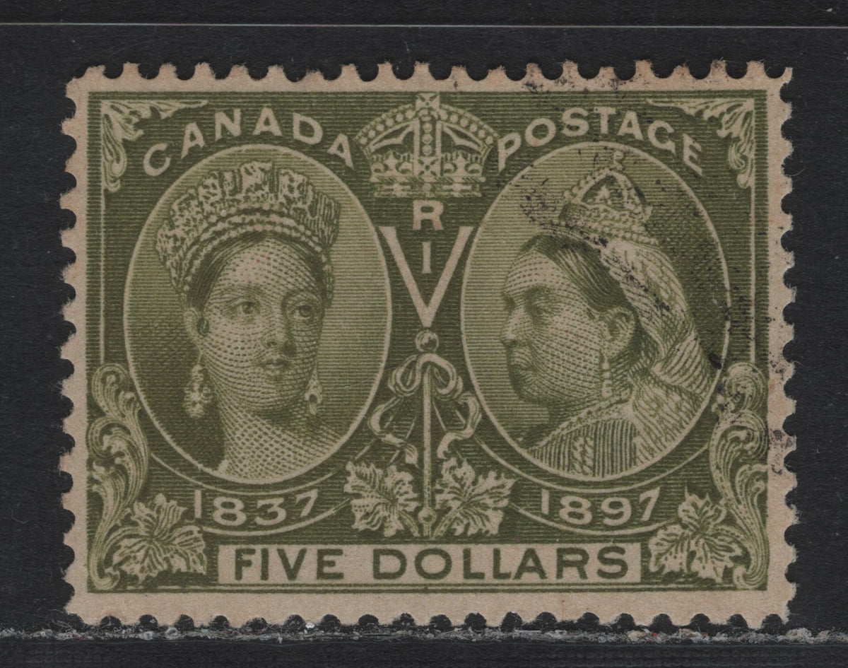 Lot 289 Canada SC#65 $5 Olive Green , 1897 Diamond Jubilee Issue, A Very Fine Used Single, Perf 12x11.9, ABN-W Paper, Only 16,500 Issued, Light Cancel.