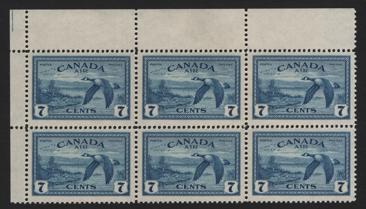 Lot 290 Canada SC#C9 7c Blue , 1946 Airmail Issue, A VFNH UL Field Stock Block Of 6, Smooth Translucent Paper With Smooth Yellowish Satin, CBN-NNNN Paper