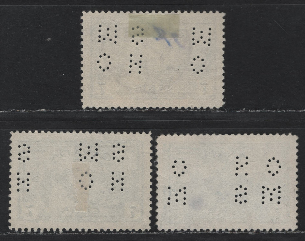 Lot 294 Canada (C)SC#O10-C9 7c Blue , 1946 Airmail Issue, 3 Very Fine Used Singles, Three Examples Of The OHMS Perfin, Two From Pos. 3 & One From Pos. 1, All Are Revised Die.