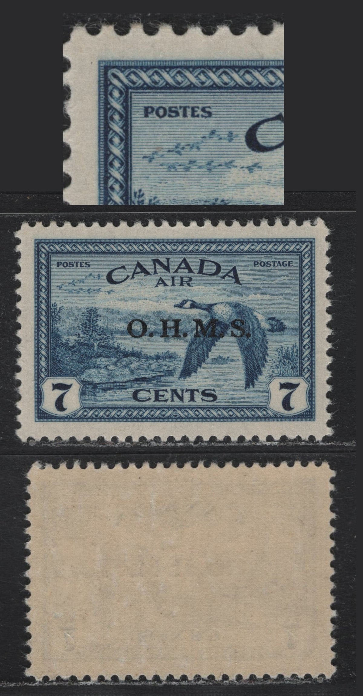 Lot 299 Canada SC#CO1var 7c Deep Blue , 1946 Airmail Issue, A VFOG Single, Major Re-Entry, Consisting Of Doubling Of UL Corner, Smooth Nearly Opaque Vertical Wove With Yellowish Cream Semi-Gloss Gum (CBN-DDDDDDD).