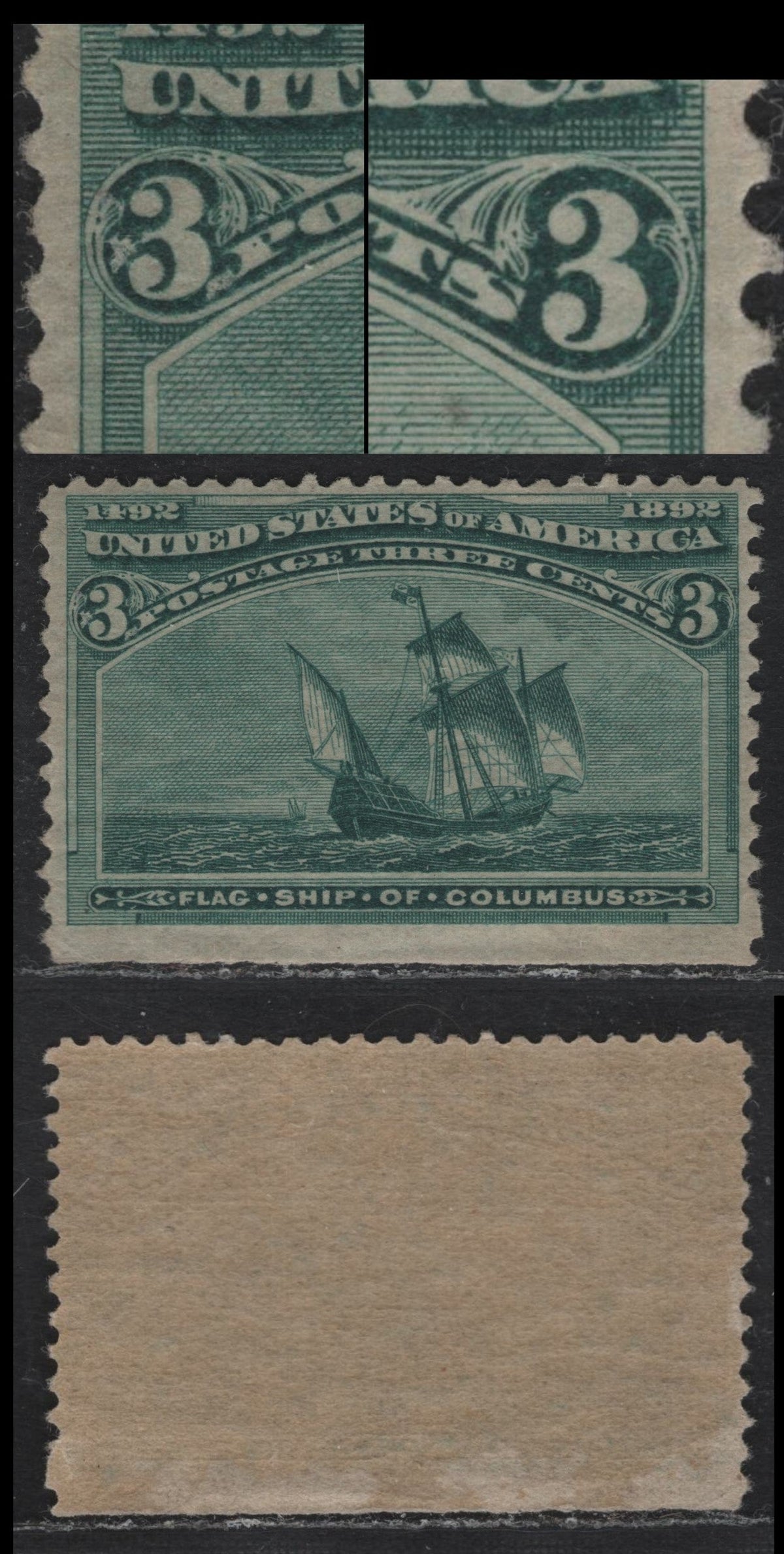 Lot 29 United States SC#232var 3c Bluish Green , 1893 Columbian Exposition Issue, A VFOG Bottom Sheet Margin Single, Large Die Flaws On Either Side of The Left '3', Likely To Be A Repeating Plate Defect Or Relief Break