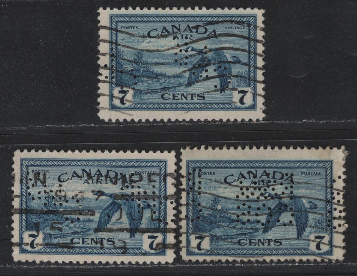 Lot 302 Canada SC#C9 7c Deep Blue , 1946 Airmail Issue, 3 Very Good/Fine/Very Fine Used Singles, R&Q Cos, CNR & CPR Perfins, The R&Q Cos Perfin is Scarce But Has A Small Thin At LR