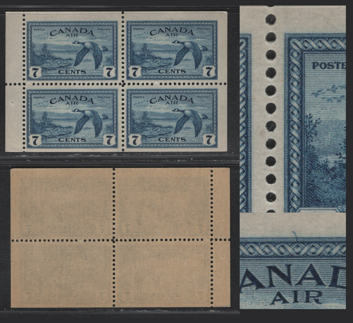 Lot 310 Canada #C9bvar 7c Deep Blue , 1946 Airmail Issue, A VFNH Booklet Pane Of 4, Translucent Ribbed Paper (CBN-AAAAAAAA), Smooth Yellow Gum Showing Re-Entry Of Left Frameline And Line From The Upper Frameline Between NA Of Canada On Ur Stamp
