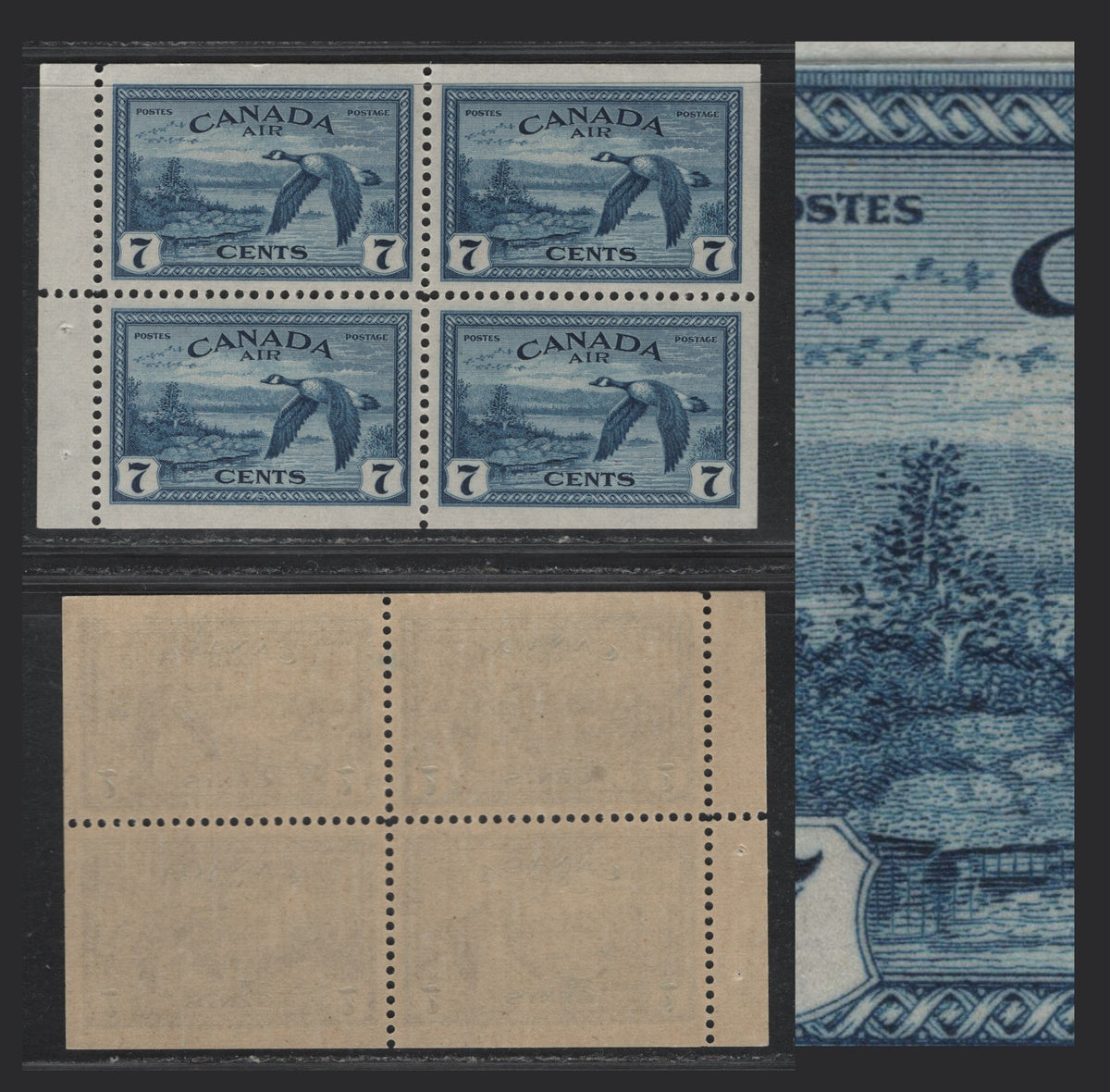 Lot 311 Canada (C)#C9var 7c Deep Blue , 1946 Airmail Issue, A VFNH Booklet Pane Of 4, Thin Translucent Ribbed Paper (CBN-UUUUU), Satin Yellowish Cream Gum, Re-Entry Of Left Frameline On UR Stamp, Unlisted In Unitrade.