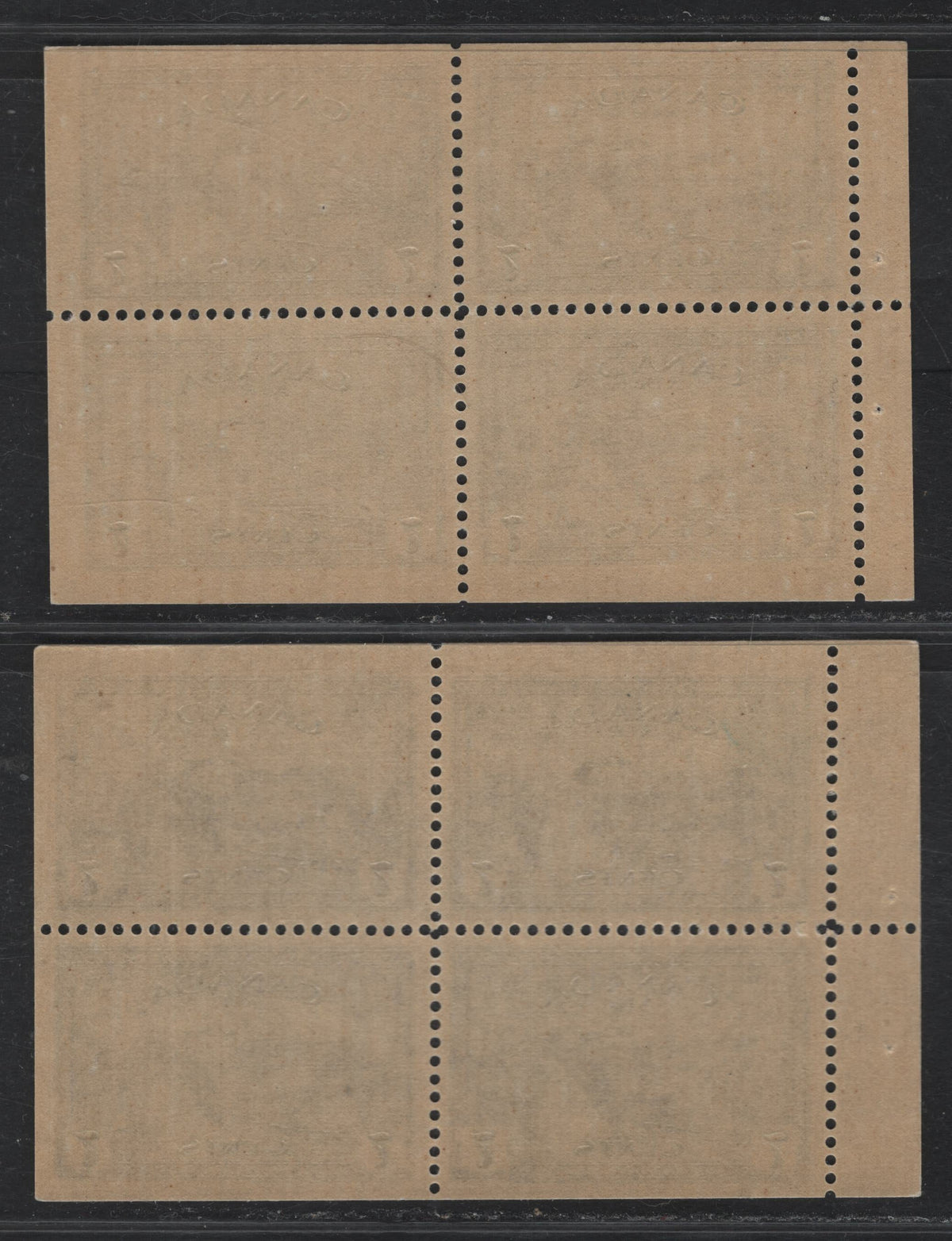 Lot 312 Canada #C9b 7c Deep Blue , 1946 Airmail Issue, 2 VFNH Booklet Panes Of 4, First On Smooth Translucent Vertical Wove (CBN-AAAAAAAA & CBN-ZZZZZZZ), Visible Ribbing On Back, Smooth Yellow Gum, Second On Slightly Thicker Paper With Streaky Yellow Gum.