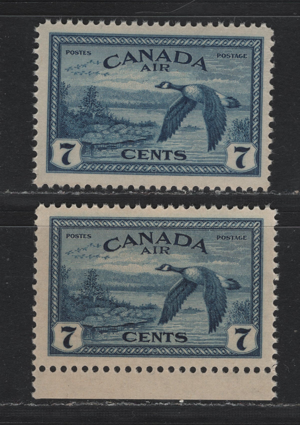 Lot 315 Canada (C)#C9 7c Deep Blackish Blue , 1946 Airmail Issue, 2 VFNH Singles, Two Different Shades and Paper Tyles