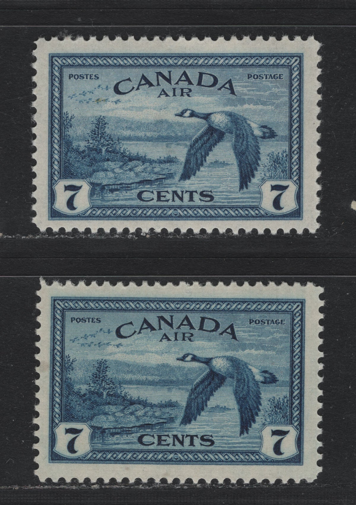 Lot 316 Canada (C)#C9 7c Deep Bright Greenish Blue , 1946 Airmail Issue, 2 VFNH Singles, Smooth Surfaced Semi Translucent Vertical Wove With Crackly Semi Glossy Cream Gum, Second Stamp Is A Deeper Blue Without Tone Of Green