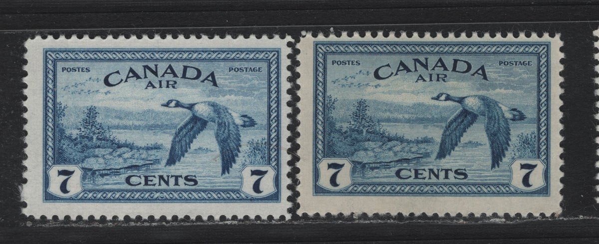Lot 317 Canada #C9var 7c Light Bright Blue , 1946 Airmail Issue, 2 FOG Singles, Scarce Shade, Much Lighter Than Typical Color, This Comes From A Very Late Printing On Lightly Ribbed Paper With Thick Glossy Gum