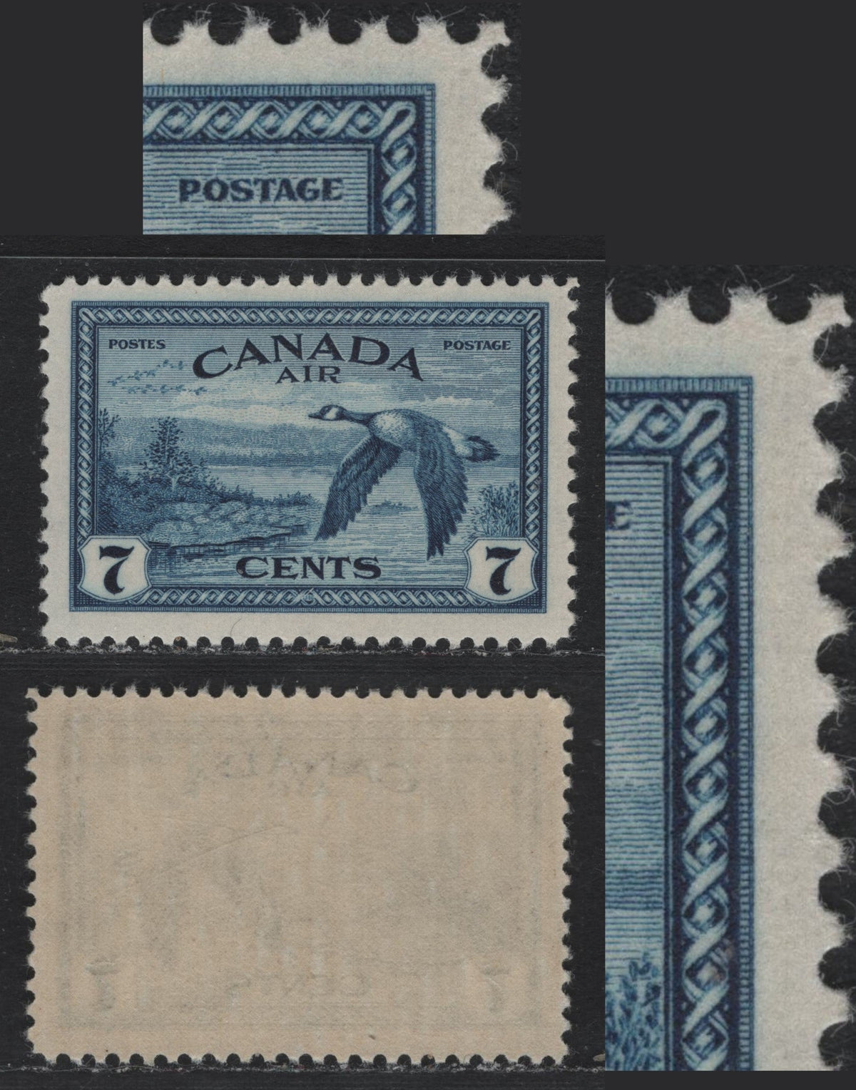 Lot 319 Canada (C)#C9 7c Deep Blue , 1946 Airmail Issue, A VFNH Single, Major Re-Entry On Translucent Smooth Paper (CBN-DDDDDDDD), Crackly Gum With A Semi Gloss Sheen, Pos. 34, The Re-Entry Shows Doubling Of The UR Corner & Right Frameline.