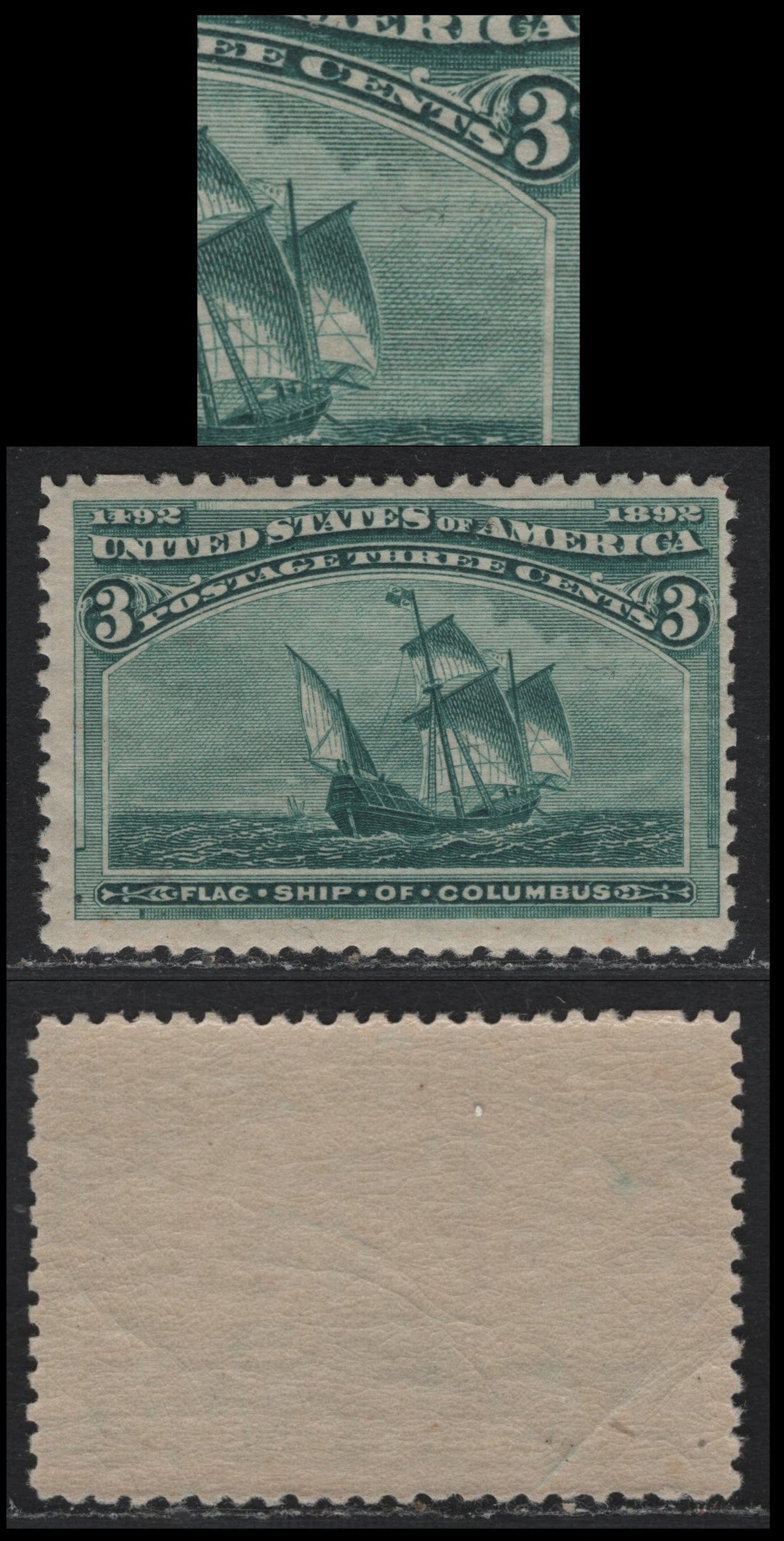 Lot 31 United States SC#232var 3c Bluish Green , 1893 Columbian Exposition Issue, A FNH Single, Unlisted Hairline Diagonal Scratch Through The Design From C of Cents to The Cross Hatched Shading To The Right Of The Sails