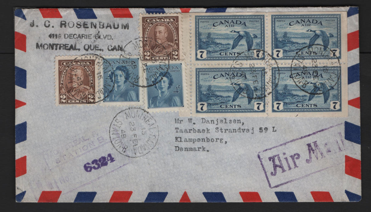 Lot 325 Canada, February 1948, A Very Fine Used Registered Airmail Cover, Montreal To Denmark, Franked With Complete C9b Booklet Pane Franked With A Total Of 40c, 15c Being Airmail & 25c Registration
