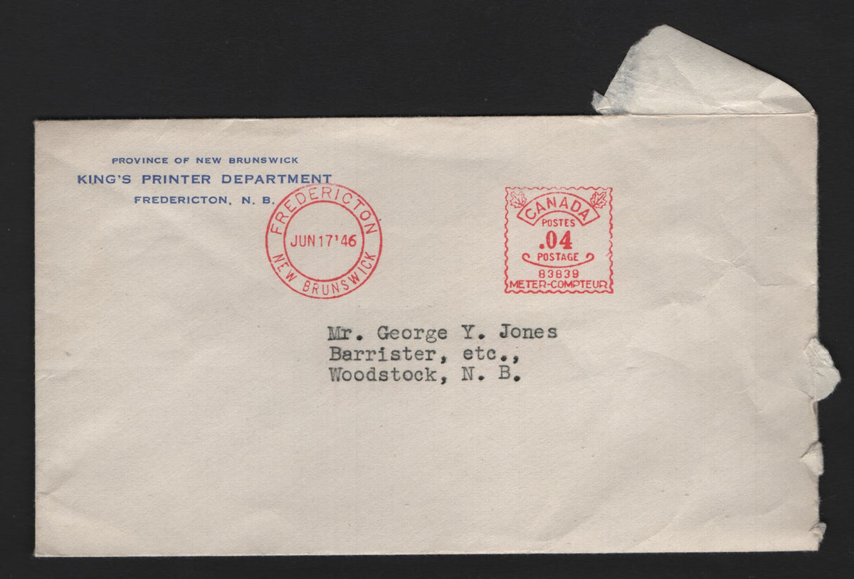 Lot 328 Canada, A Very Fine Used Meter Mail Cover, Kings Printer Department, Meter Mail Cover To Woodstock NB, Being A 4c Meter Marking From June 17, 1946.