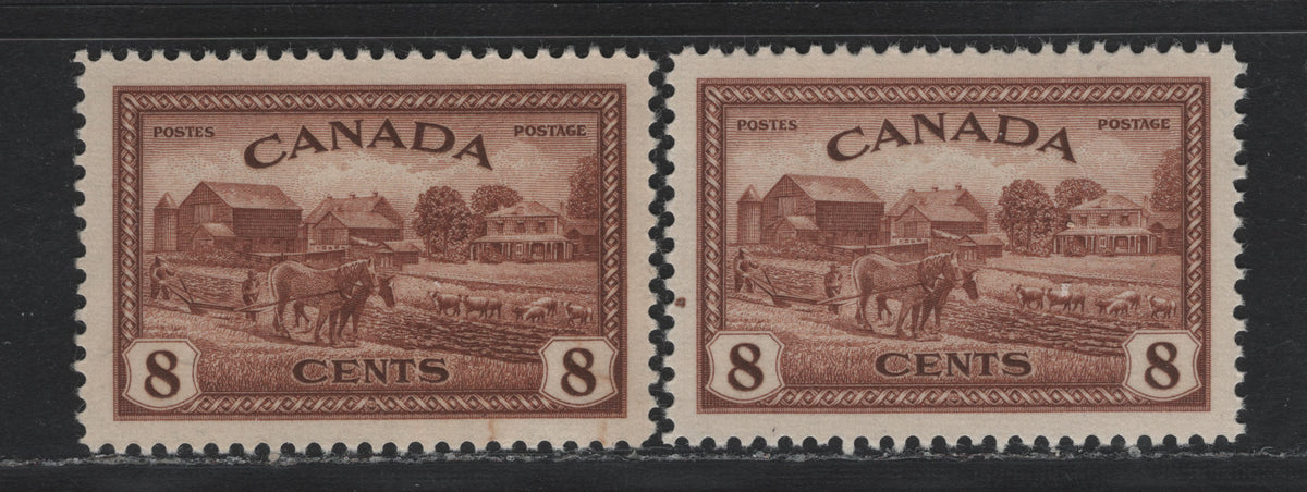 Lot 338 Canada #268 8c Deep Reddish Brown , 1946 KGVI Peace Issue, 2 VFNH Singles, CBN-LLLLLLLL & CBN-MMMMMMMM Papers, Natural Paper Inclusion On Second Stamp