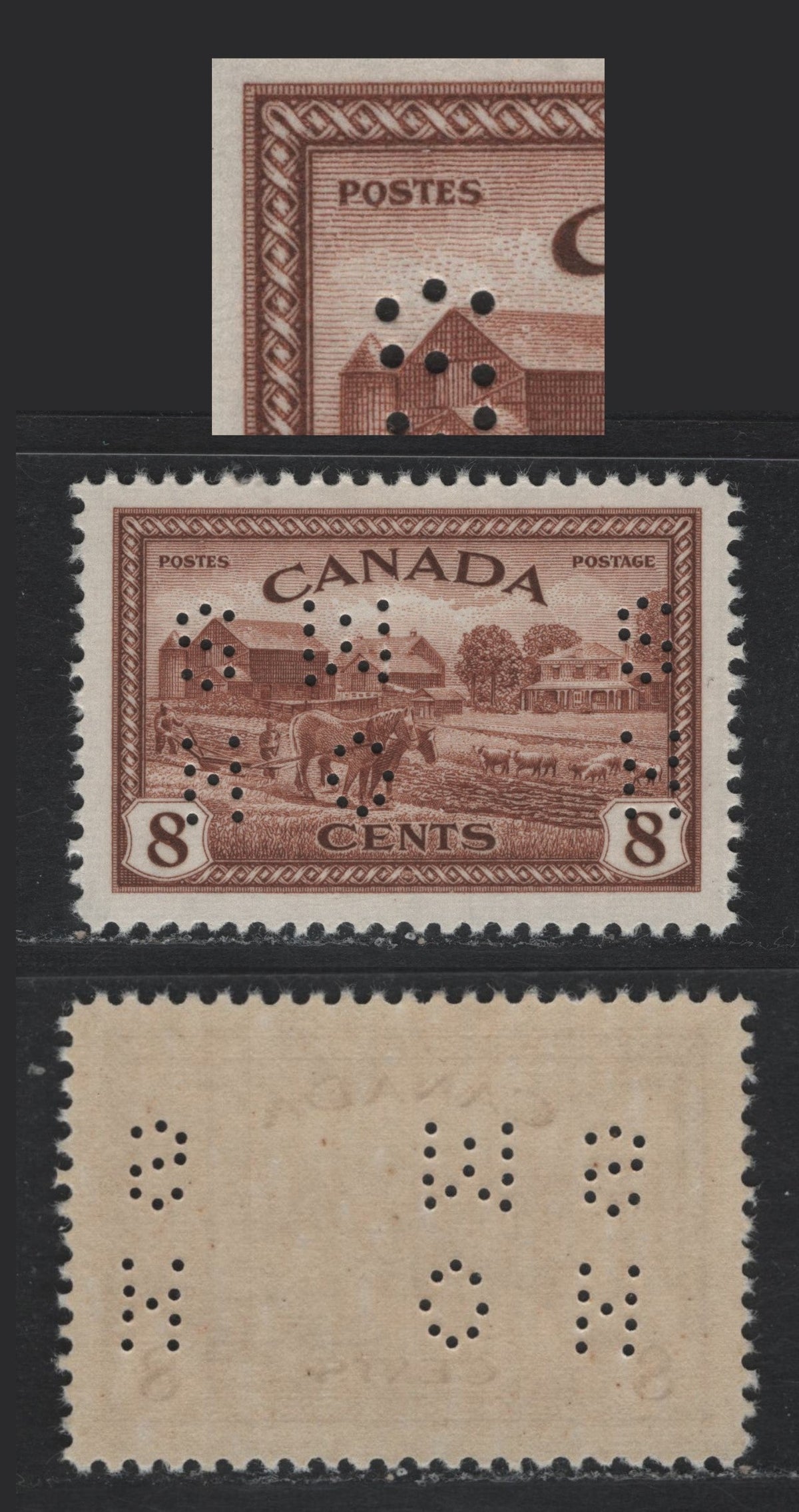 Lot 339 Canada (C)#O9-268 8c Reddish Chocolate , 1946 KGVI Peace Issue, A VFNH Single, Semi Translucent, Ribbed Vertical Wove Paper With Streaky Yellowish Cream Semi Glossy Gum (CBN-DDDDDDD), OHMS Perfin From The First Die, Perfin Pos. 3.