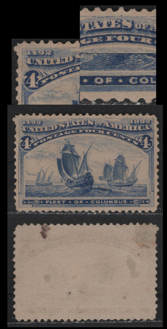 Lot 34 United States SC#233var 4c Deep Ultramarine , 1893 Columbian Exposition Issue, A Fine Unused Single, No Gum, Plate Dot At Center In Top Center Upper Frameline, Deformed F of Of at Bottom.