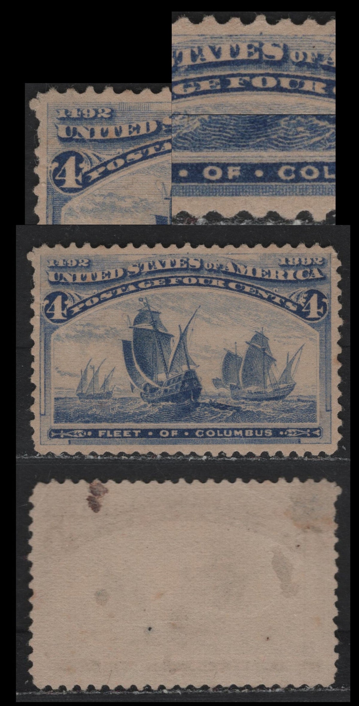 Lot 34 United States SC#233var 4c Deep Ultramarine , 1893 Columbian Exposition Issue, A Fine Unused Single, No Gum, Plate Dot At Center In Top Center Upper Frameline, Deformed F of Of at Bottom.