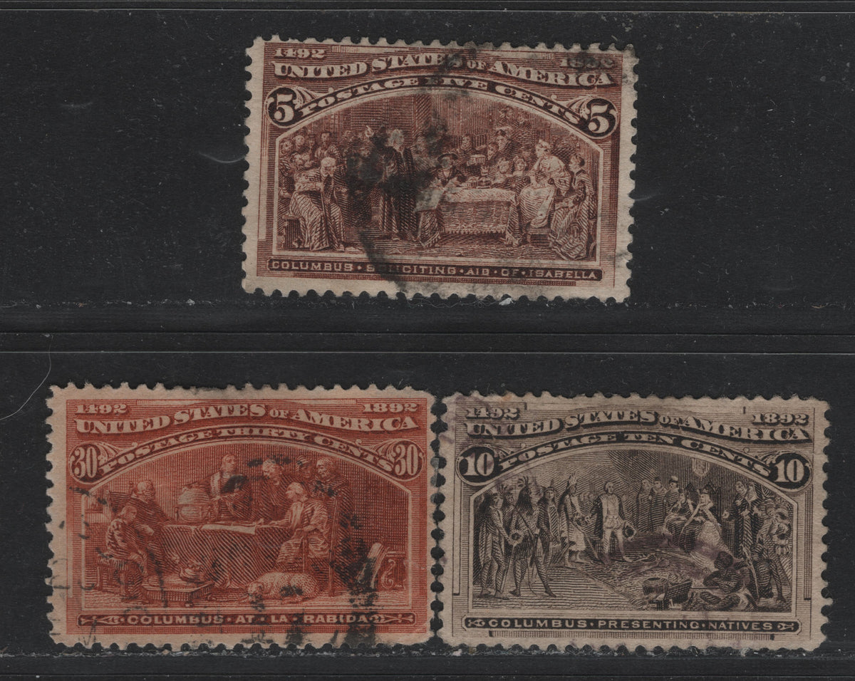 Lot 38 United States (C)SC#234, 237, 239 5c - 30c Chocolate - Orange Brown , 1893 Columbian Exposition Issue, 3 Fair/Very Good/Fine Used Singles, 10c Has Small Horiz Tear At UR, 30c Has Visible Corner Creases At UR & LR