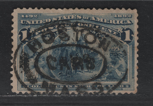 Lot 4 United States (C)SC#230 1c Blue , 1893 Columbian Exposition Issue, A Fine Used Single, SON "Boston, Mass Cars" Cancellation, Indicating That The Mail It came From Was Sorted On Boston's Streetcar & Mail Trolley System