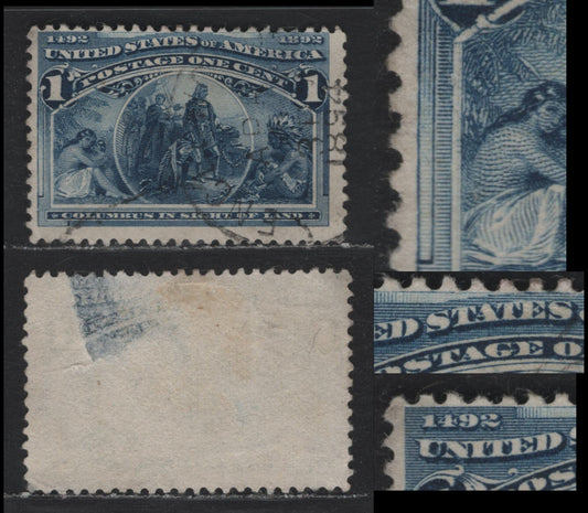 Lot 5 United States SC#230var 1c Deep Blue , 1893 Columbian Exposition Issue, A Fair Used Single, Showing A Significant Double Transfer, Well Documented & Major Double Transfer, Offered As A Reference Item