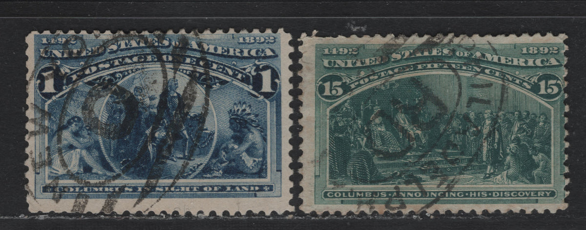 Lot 7 United States (C)SC#230, 238 1c -15c Deep Blue - Blue Green , 1893 Columbian Exposition Issue, 2 Very Good/Fine Used Singles, SON New York '0' Oval Parcel Cancel & SON Philadelphia PA 'RD' Oval Parcel Cancel