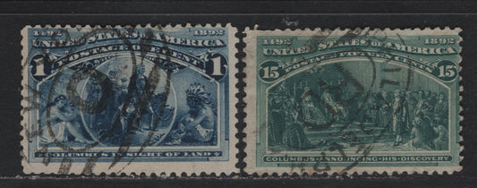 Lot 7 United States (C)SC#230, 238 1c -15c Deep Blue - Blue Green , 1893 Columbian Exposition Issue, 2 Very Good/Fine Used Singles, SON New York '0' Oval Parcel Cancel & SON Philadelphia PA 'RD' Oval Parcel Cancel