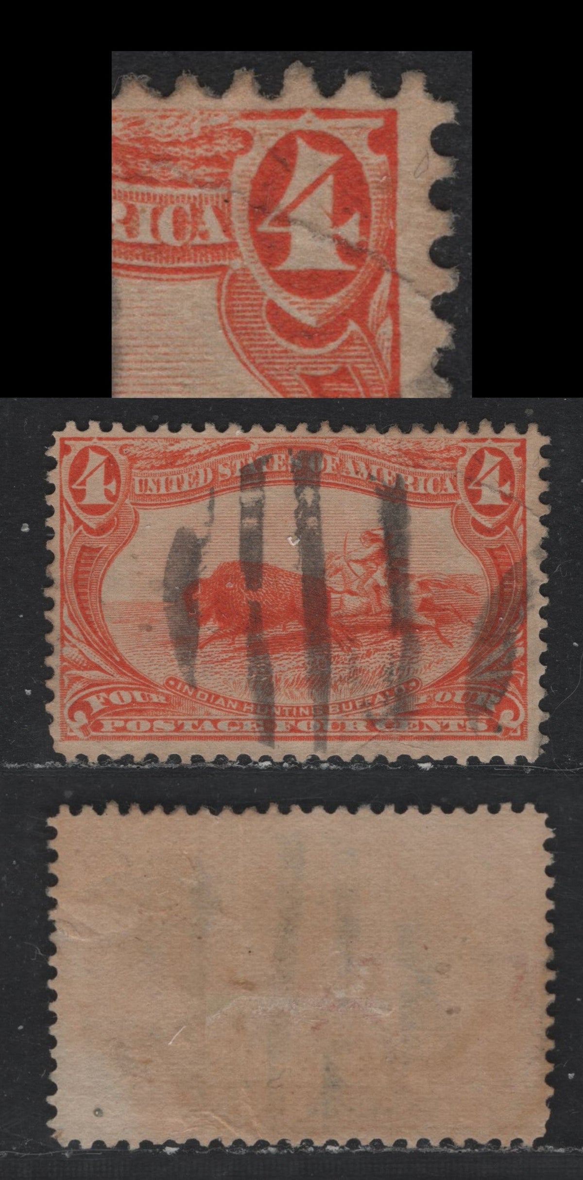 Lot 75 United States (C)SC#287 4c Orange Brown , 1898 Trans-Mississippi Issue, A Good Used Single, Sideways Wmk, Scarcer Carved Cork Grid Cancel, Scarcer On This Issue, As CDS Cancels Were Generally Mandatory, Wrinkles At The Base & Tear at UR.