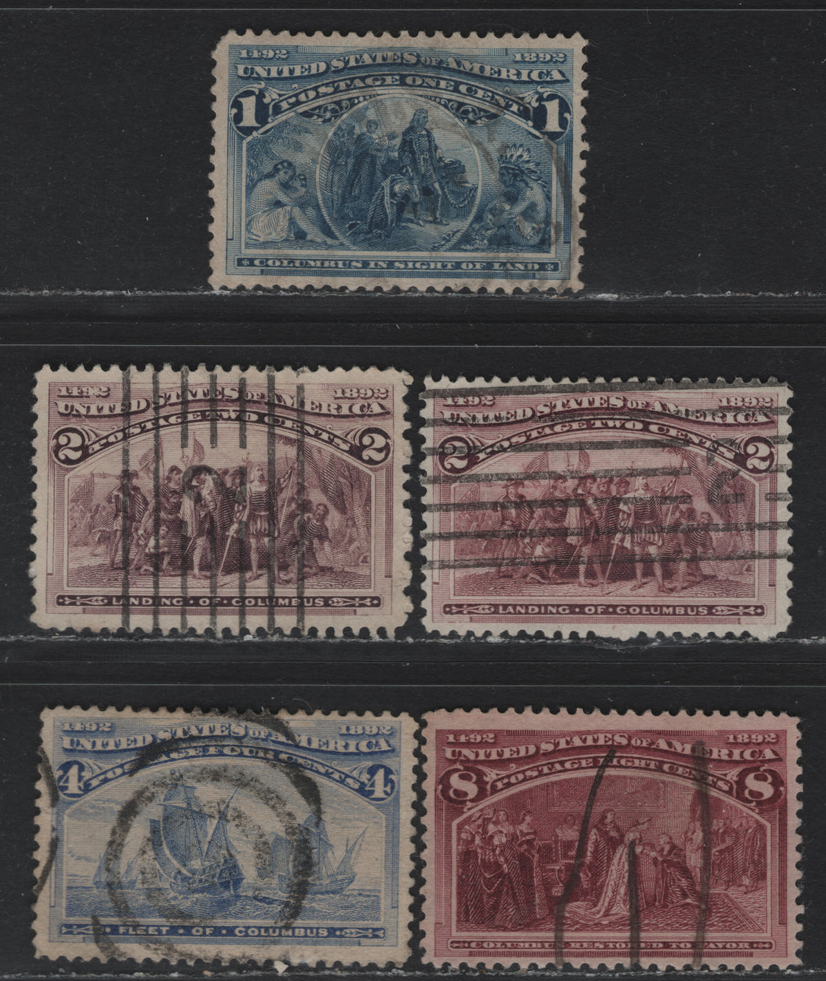 Lot 8 United States SC#230-231,233, 236 1c - 8c Blue - Dark Magenta , 1893 Columbian Exposition Issue, 4 Very Fine Used Singles