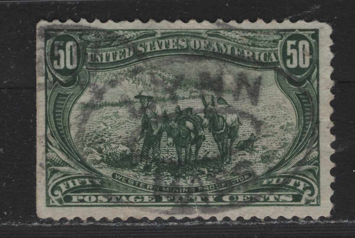 Lot 84 United States (C)SC#291 50c Sage Green , 1898 Trans-Mississippi Issue, A Very Good Used Single, Sideways Reversed Wmk, Oval Lynn, Mass Parcel Cancel, Small Tear At Base.