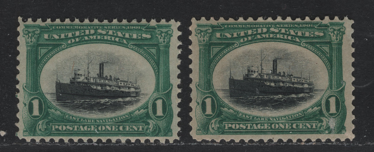 Lot 88 United States SC#294 1c Dark Blue Green & Black , 1901 Pan-American Exposition Issue, 2 VFOG Singles, 2 Shades, Upright Wmk